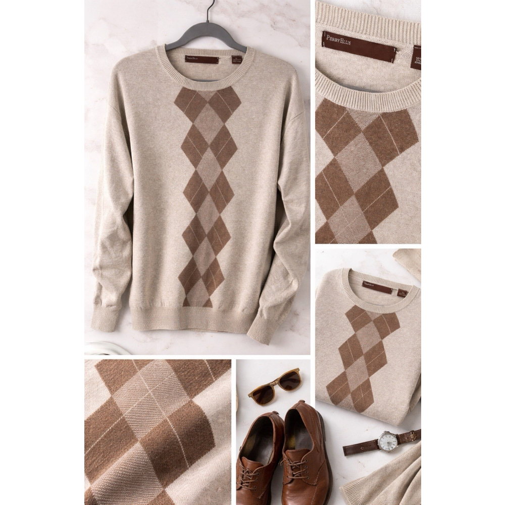 Perry Ellis Men’s Argyle Sweater Gray Brown Cotton Blend Size XL - Picture 8 of 12